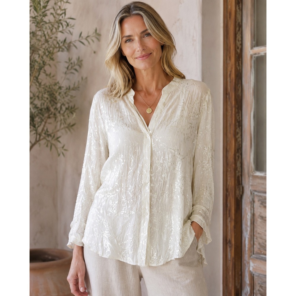 Soft Surroundings Floral Embroidered Ivory Women's Pullover Top Large Silky